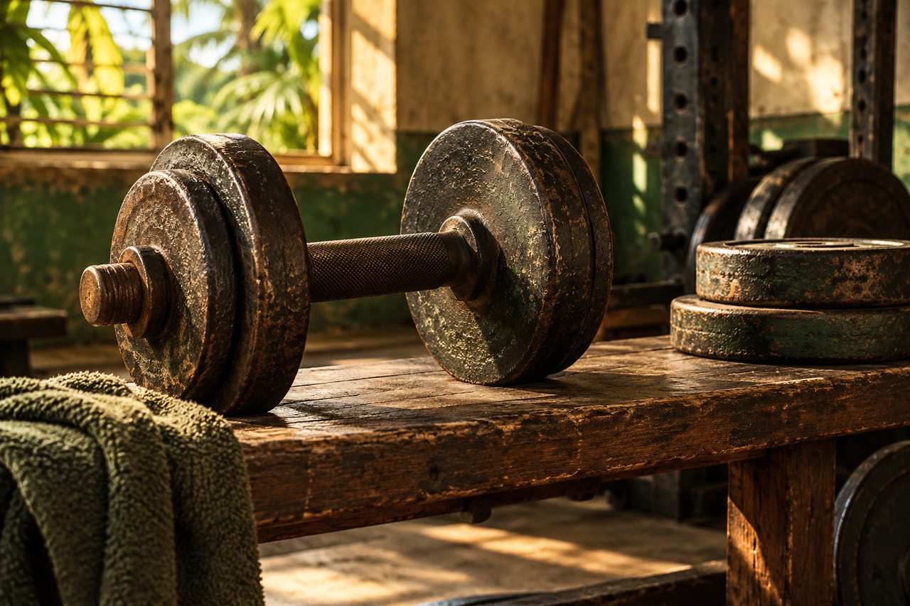 Editorial illustration of an iron dumbbell and weight plates on a wooden bench.