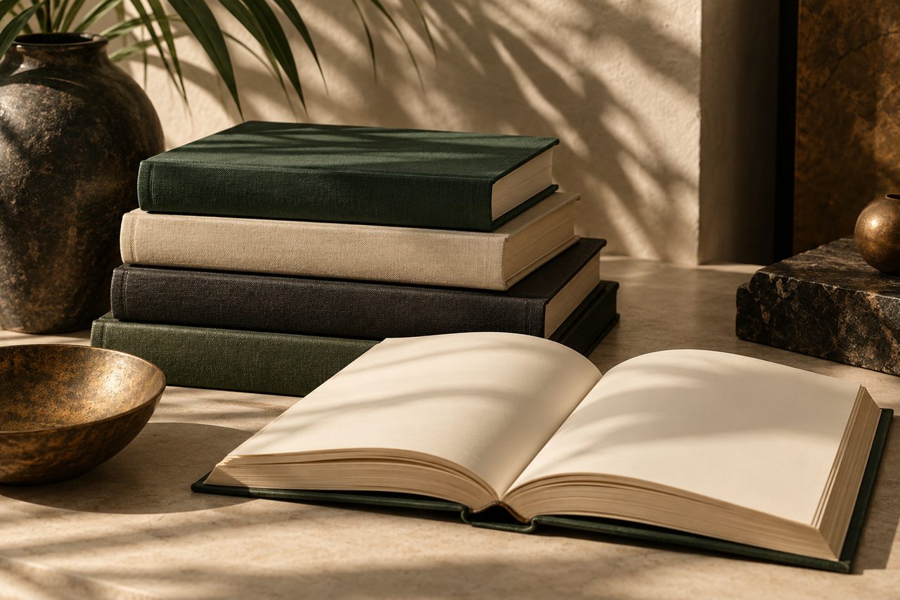 Editorial illustration of unmarked clothbound books and an open blank volume.