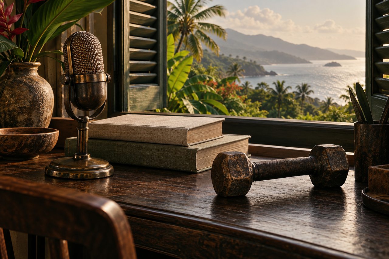 Editorial illustration of a microphone, books and dumbbell beside a Caribbean window.