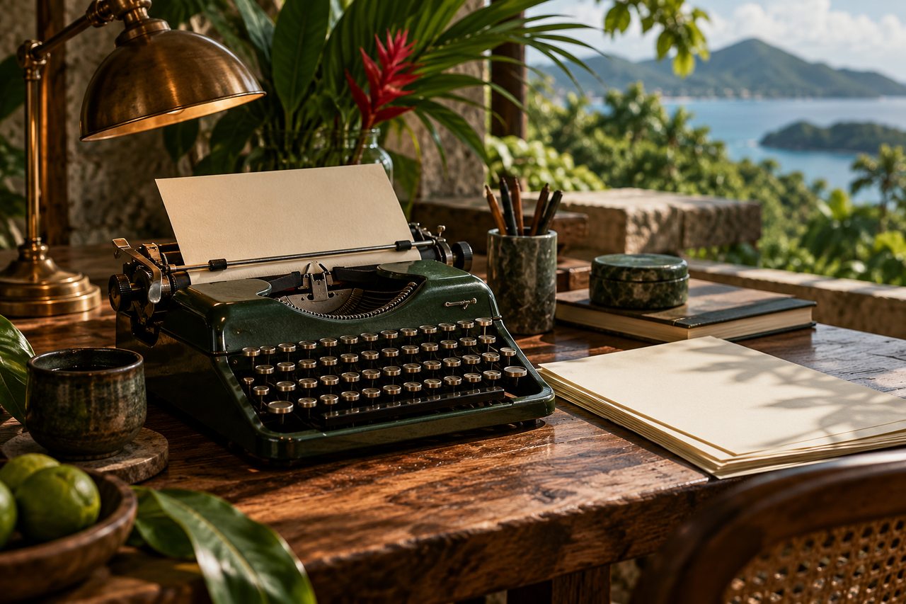 Editorial illustration of a typewriter and blank paper beside a Caribbean window.