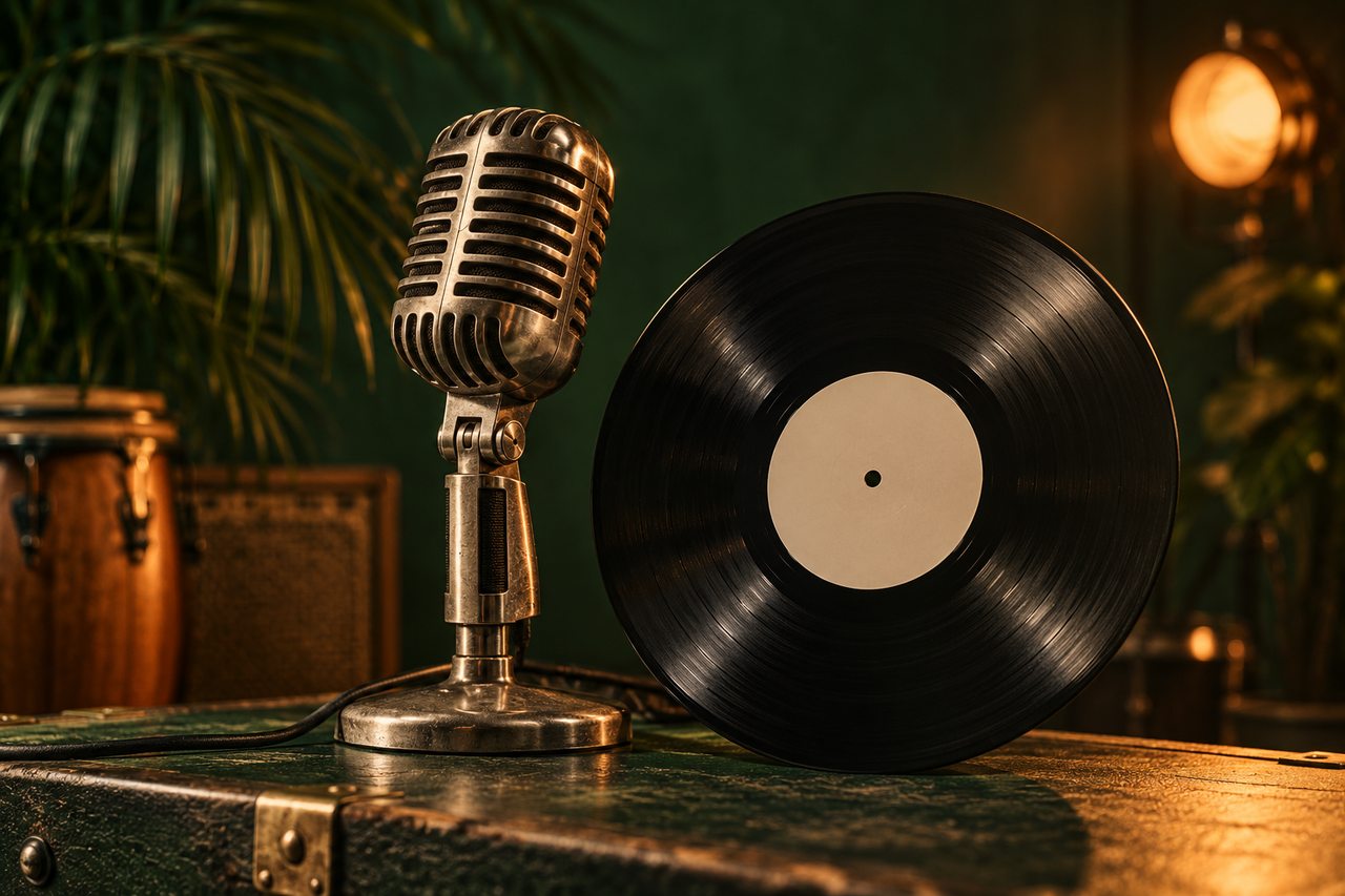 Editorial illustration of a vintage microphone beside an unmarked vinyl record.