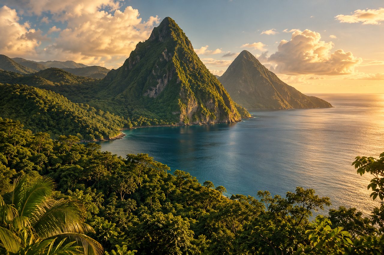 AI editorial landscape inspired by Saint Lucia's volcanic peaks and Caribbean coastline.